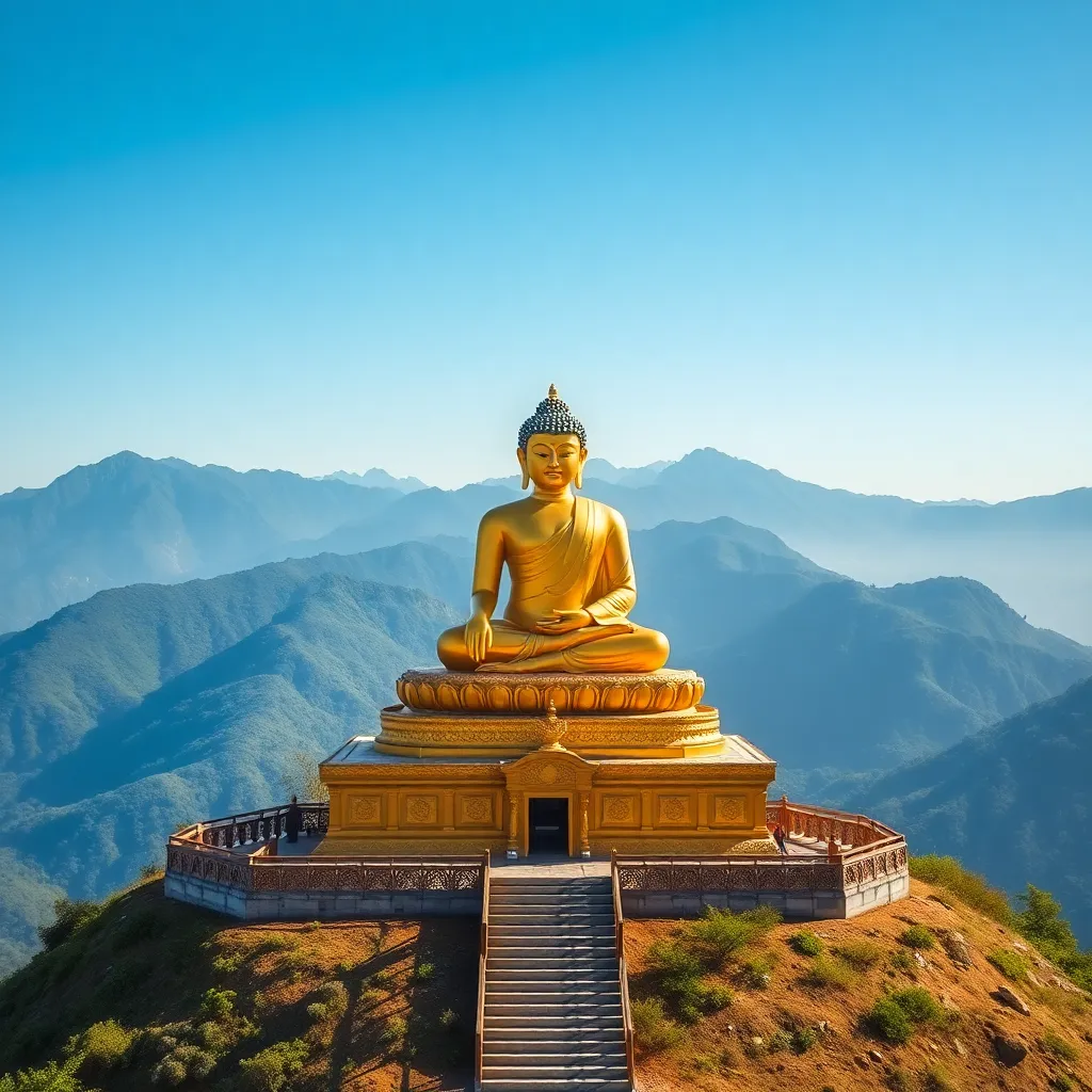 Golden statue of Buddha seated on a hilltop shrine with majestic green mountains in the background under clear skies