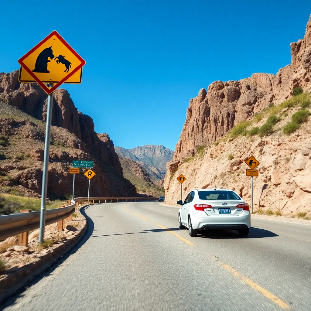 White car driving along curvy mountain road framed by safety traffic signs and rocky landscape, under crisp blue skies