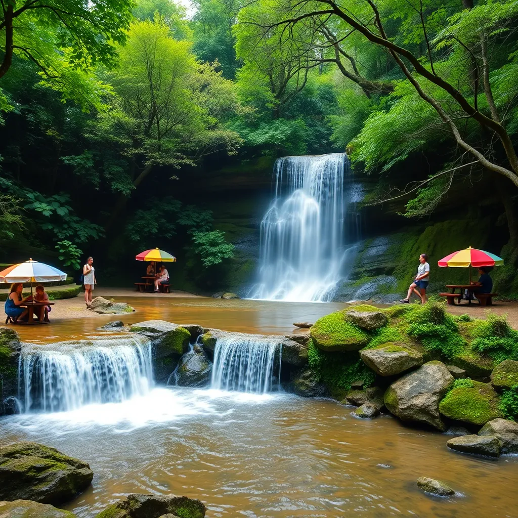 Small waterfall cascading in a lush green forest picnic spot, with colorful umbrellas and visitors enjoying the scene