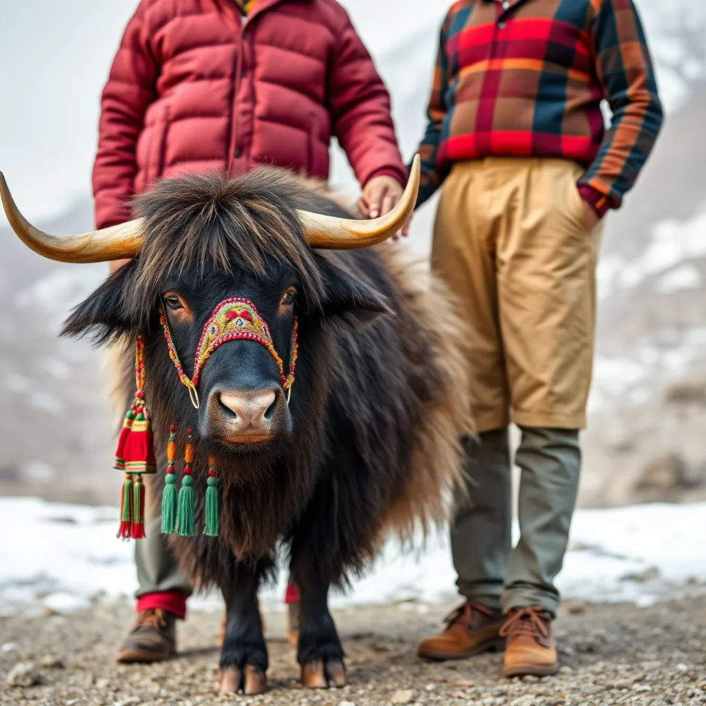 Two men standing and holding hands with colorfully decorated Himalayan domesticated yak with traditional ornaments