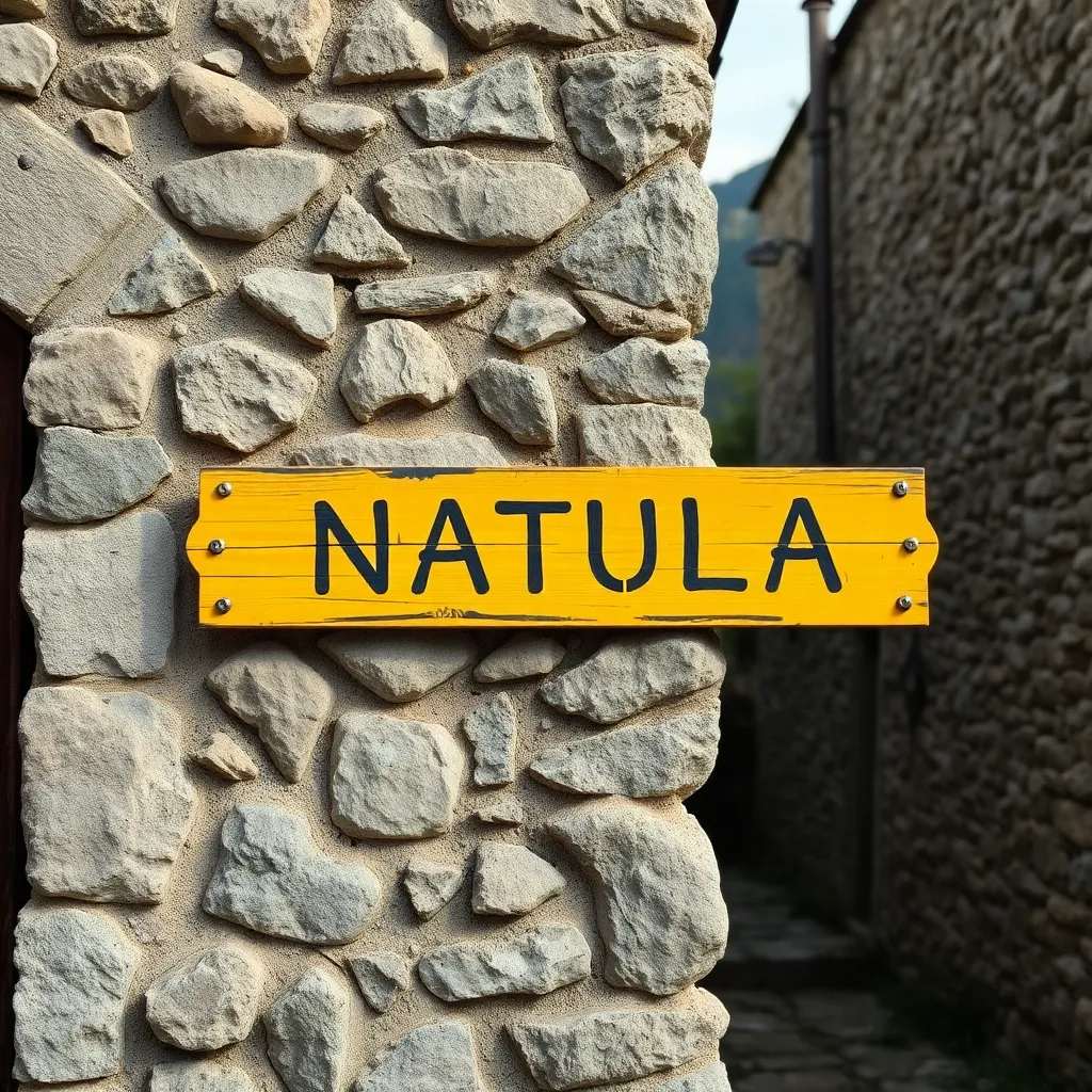 Close up of old mountain village stone wall with yellow signboard written NATULA located in a scenic travel destination