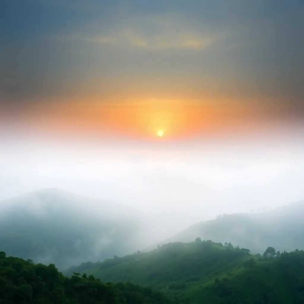 Misty lush green mountain valley landscape with sunrise
