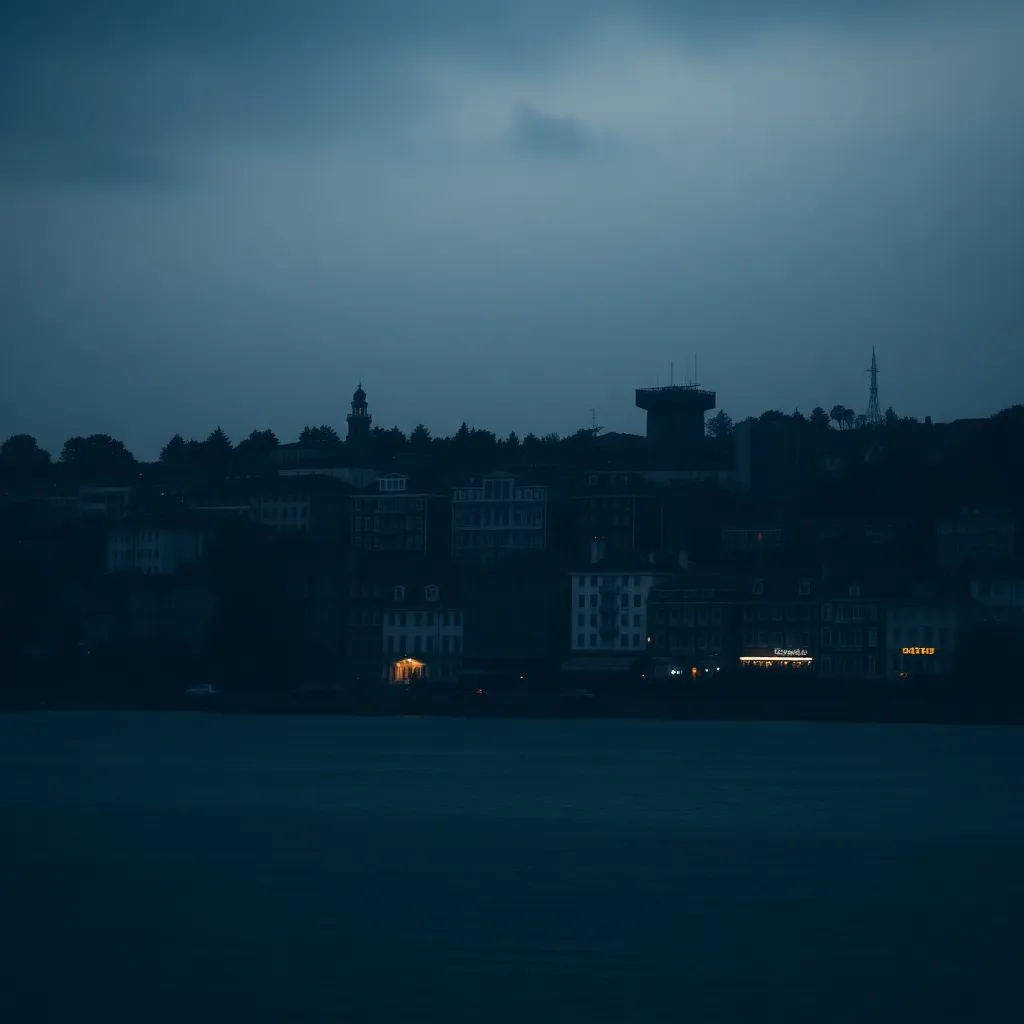 Dark tonal urban background with buildings at lakeside