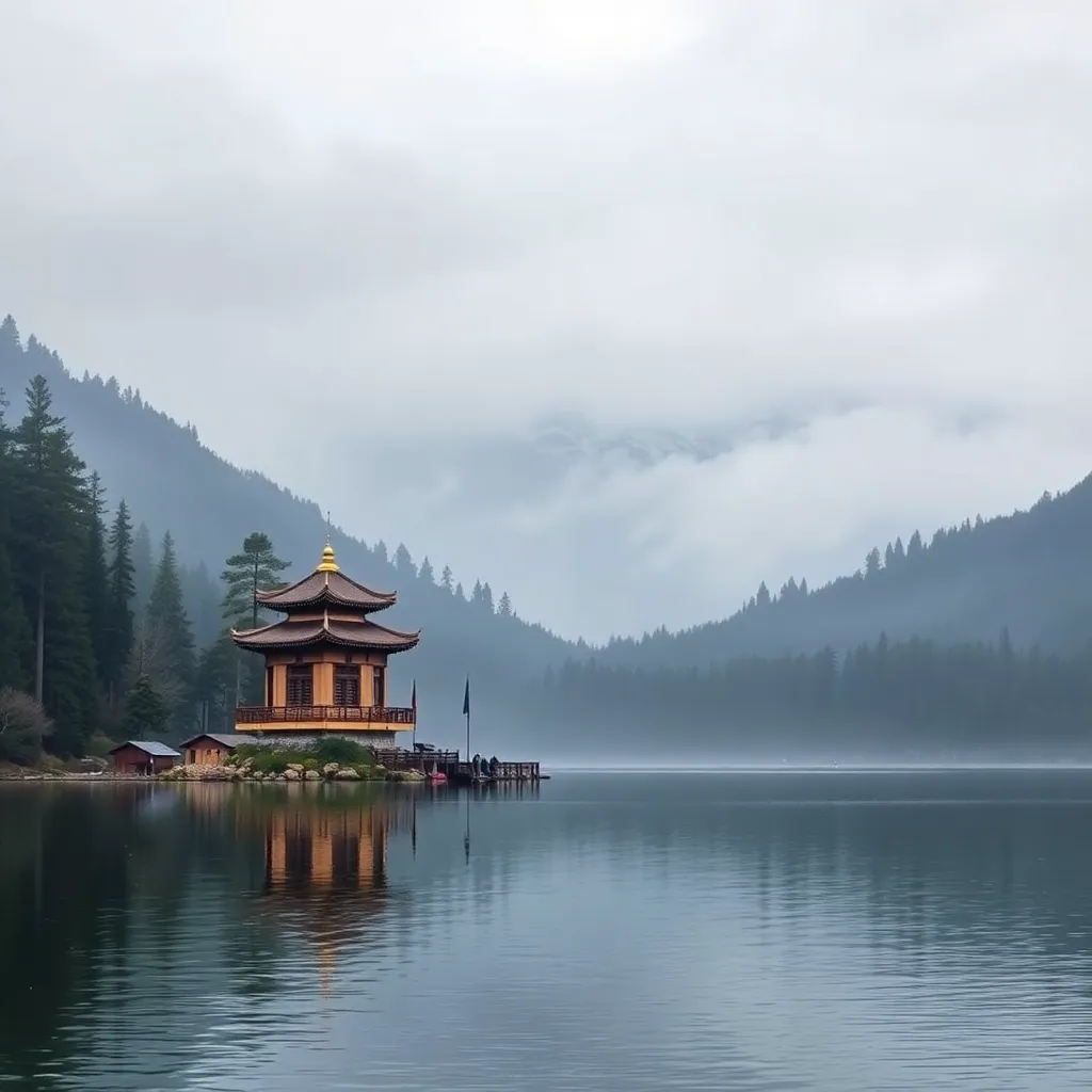 Front image showing lakeside temple with pine-covered misty mountains beyond