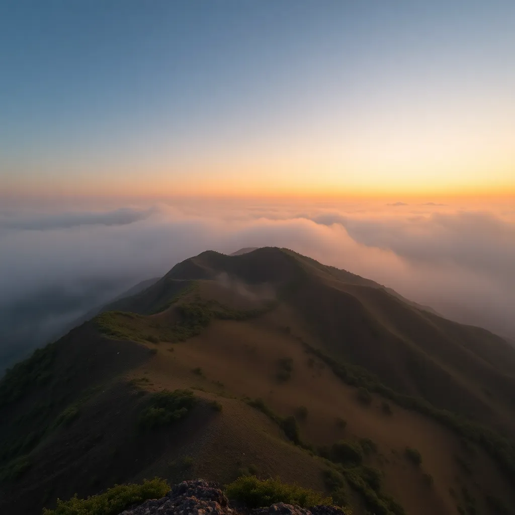 Hilly terrain with fog and greenery during sunrise