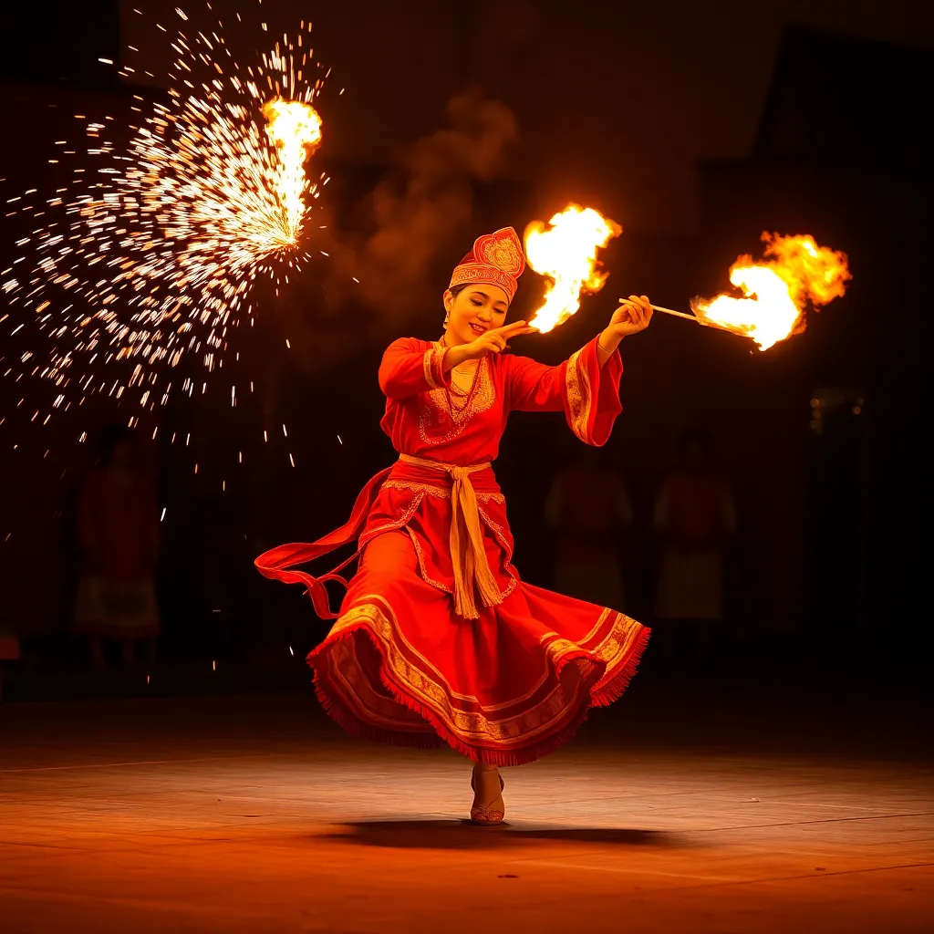 Traditional dancer in red-yellow costume with fire sparks flying