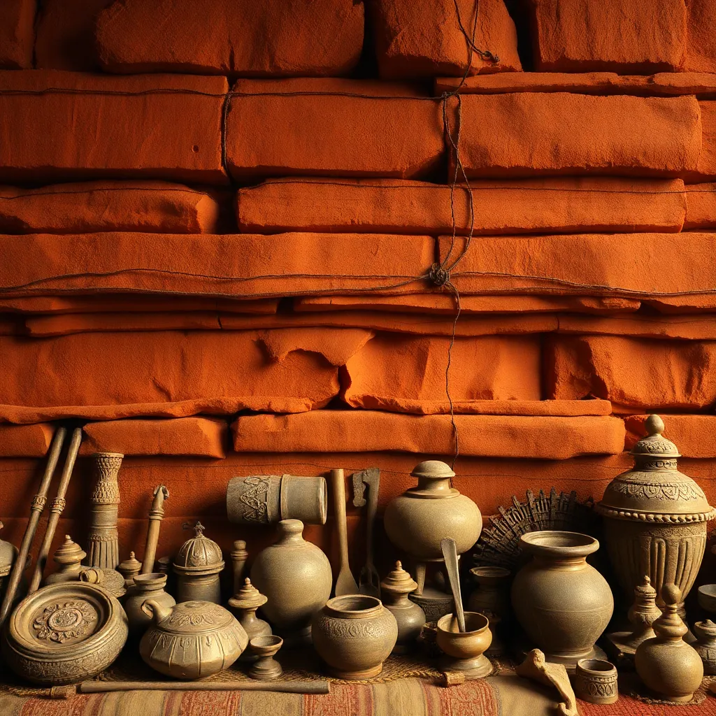 Warm brown layered background with cultural artifacts