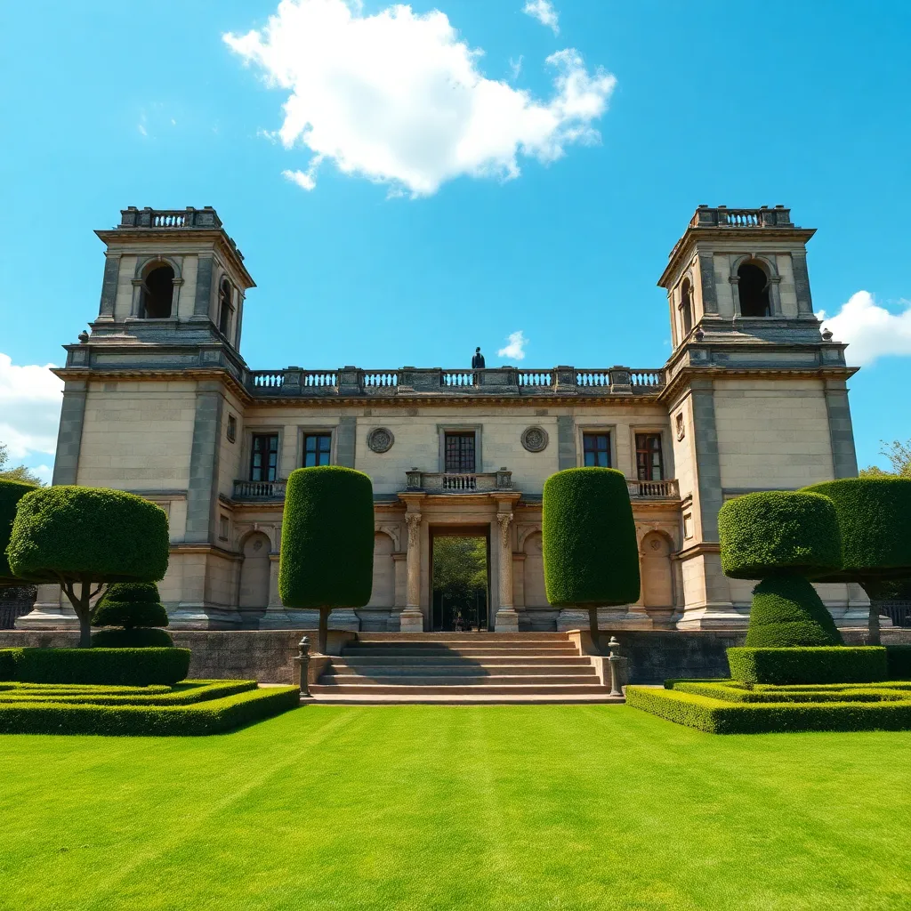Front image showing an ancient monument with trimmed green garden and blue sky
