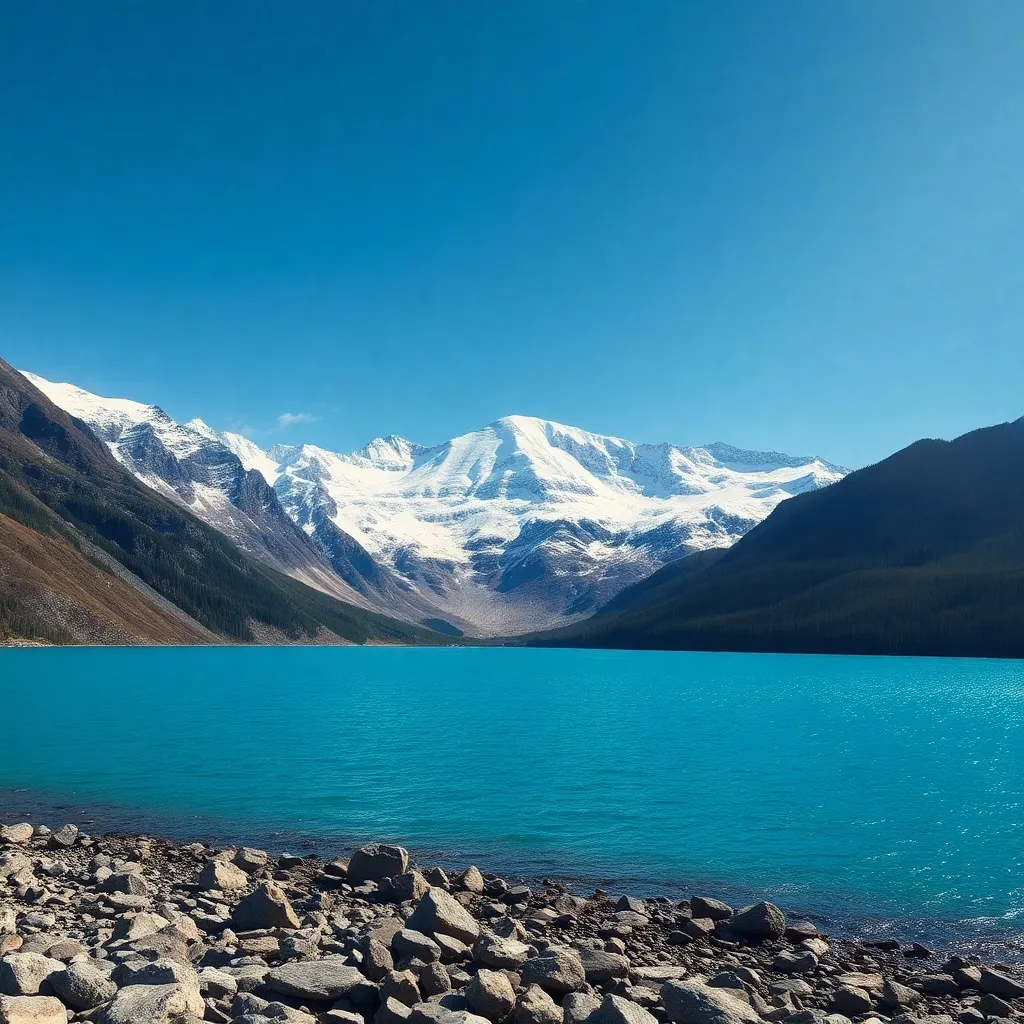 Bright snow mountain with blue lake