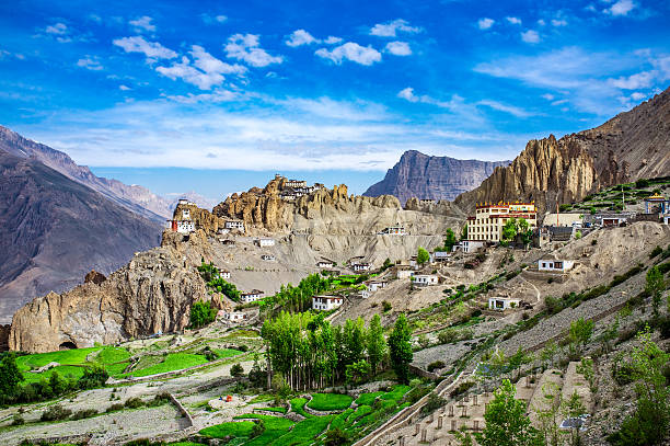 Crystal clear blue lake surrounded by snow-capped mountains and pine trees in Spiti Valley